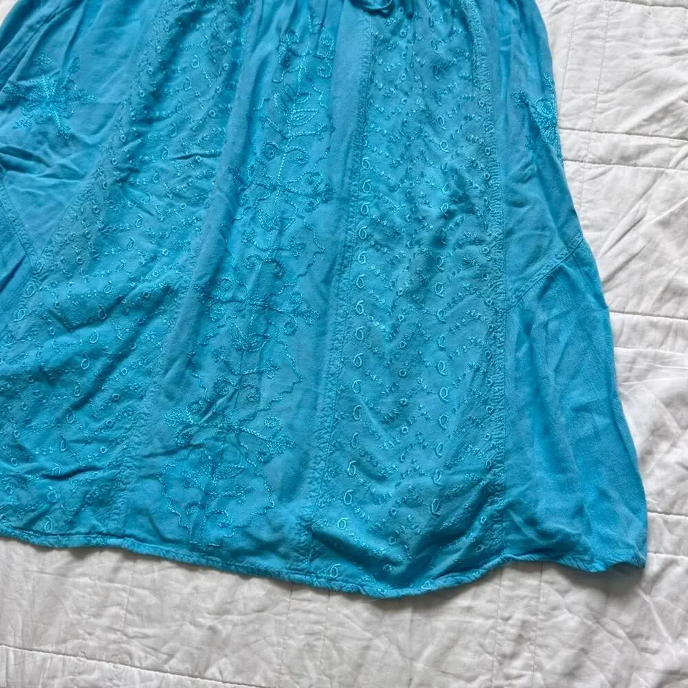Vintage‎ y2k embroidered fairy midi peasant skirt one size cyan boho festival